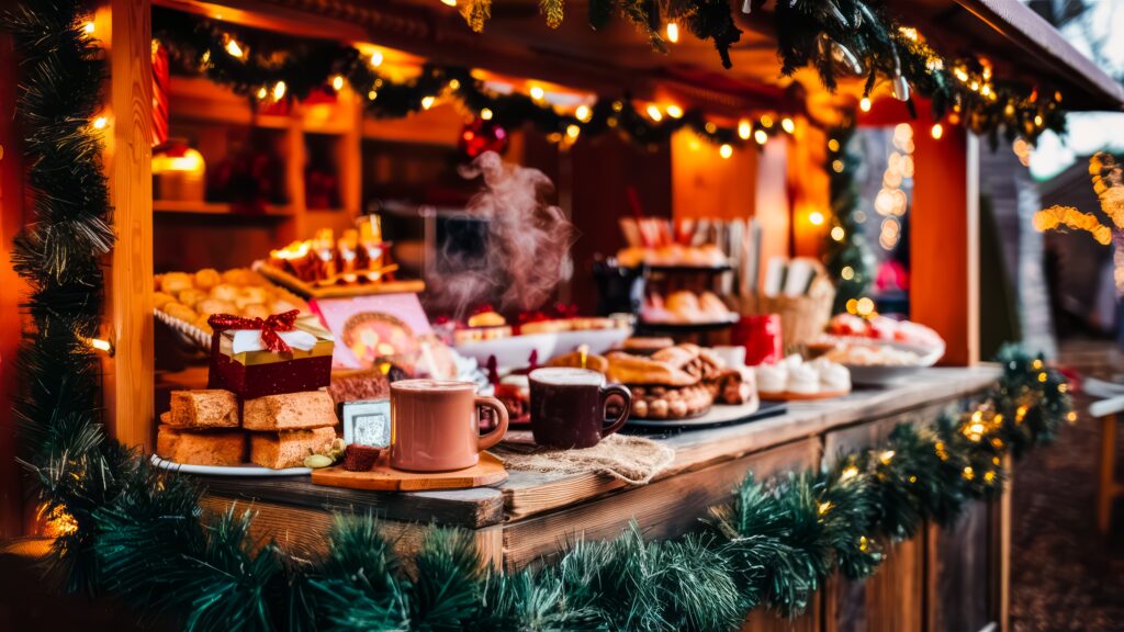 An image of food and drink at a Christmas market in London.