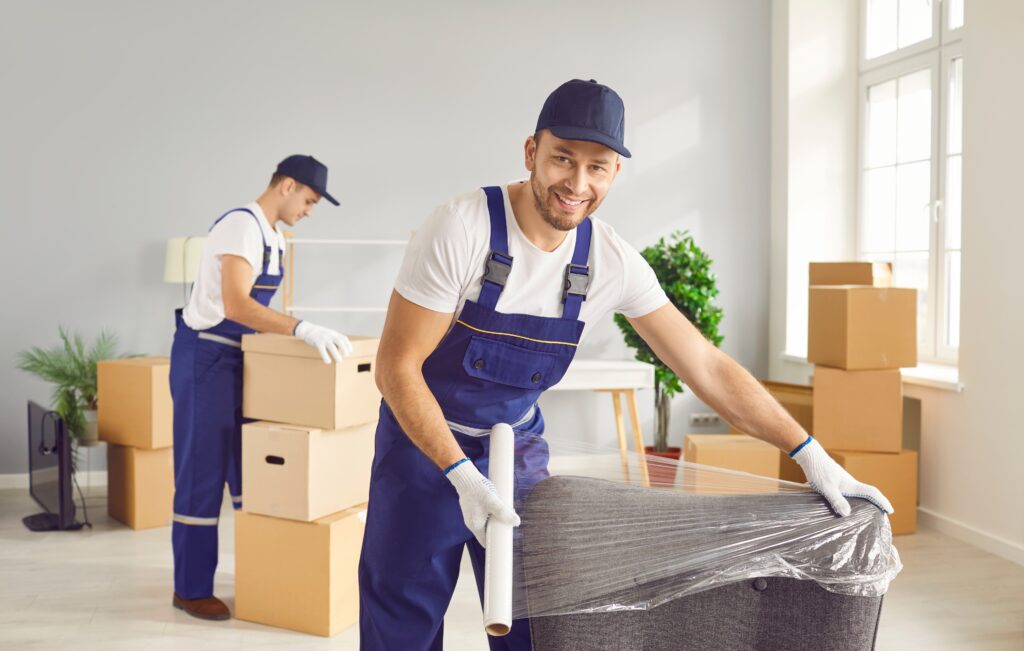 An image of two movers wrapping up furniture and packing boxes for storage.